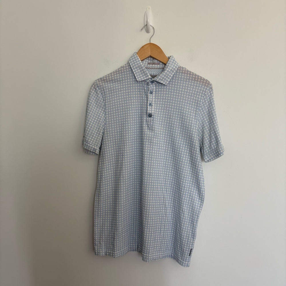 Ted Baker Mens Polo Shirt Size 3 Medium Light Blue White Micro Geometric Pattern